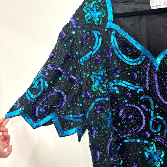 VTG Lawrence Kazar Sequin Top 3X Silk Blue Green Peacock Beads 80s Disco Evening - Picture 2 of 16